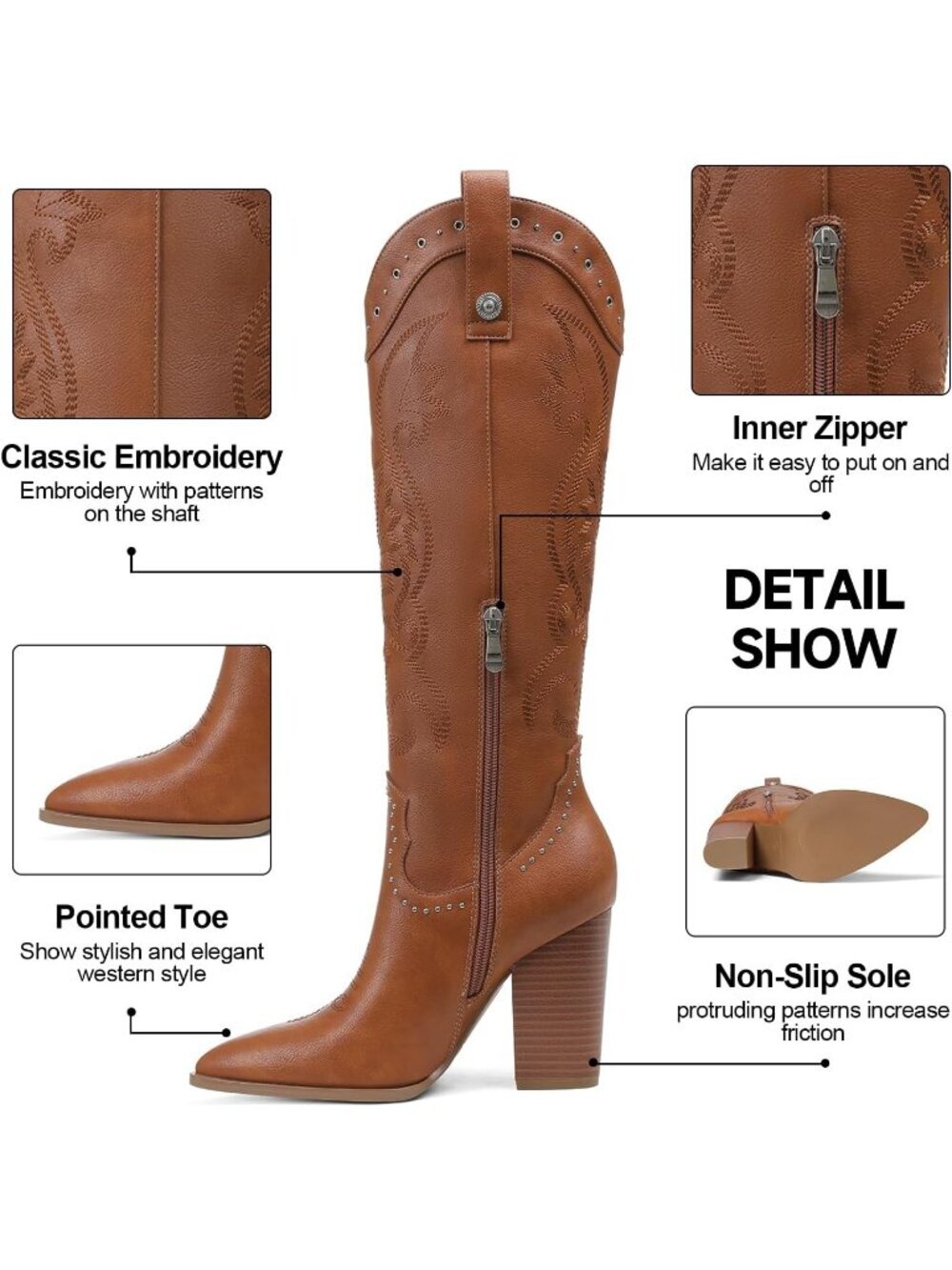 Women's Pointed Toe Chunky High Heels 2 Brown Pull-on Embroidered Western Boots - Picture 5 of 6